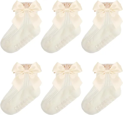 Miniatura 13 de Calcetines para bebé niña con agarre antideslizante con volantes con lazos, algodón suave, calcetines con empuñaduras para bebé recién nacido