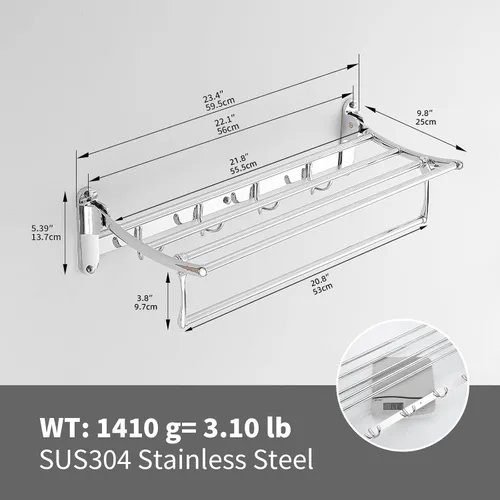 Miniatura 6 de BESy Barras de Toallas de 24 Pulgadas de Cromo Pulido, Estante de Toallas de Baño con Barra de Toallas Plegable y Ganchos para Toallas, Accesorios