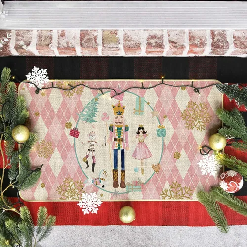 Miniatura 4 de Artoid Mode Felpudo Navideño de Cuadros Diamante Rosa Cascanueces, Decoración del Hogar de Invierno, Alfombrilla de Puerta de Bajo Perfil 17x29