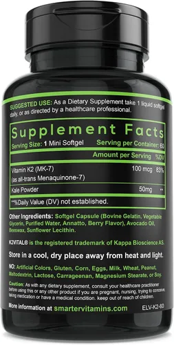 Miniatura 5 de Smarter Vitamina K2 MK7 100mcg fabricada con K2VITAL y col rizada para la salud ósea y apoyo cardiovascular K-2 MK-7 ayuda a utilizar calcio