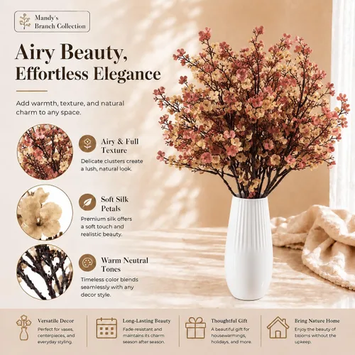 Miniatura 2 de Mandy's 6 paquetes de flores artificiales de aliento de bebé beige marrón 18.5 Inch Silk Gypsophila European Style Modern Home Decor Centerpiece