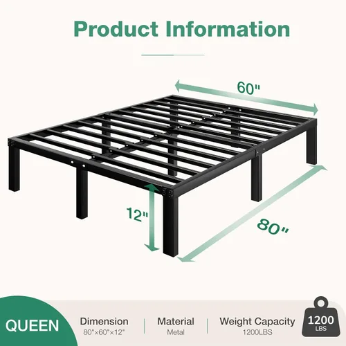 Miniatura 2 de Novilla - Base de cama de tamaño Queen, plataforma de metal de 12 pulgadas con espacio de almacenamiento debajo de la cama, soporte de listones