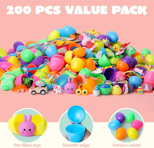 Miniatura 2 de JOYIN 200 huevos de Pascua precargados con juguetes surtidos y calcomanías en el interior, huevos de Pascua rellenos para niños, rellenos