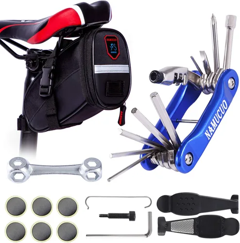 Miniatura 11 de YBEKI Kit de reparación de bicicleta 10 en 1 con palancas de neumáticos 3 en 1, parches sin pegamento, llave de hueso multifuncional y bolsa de Kits