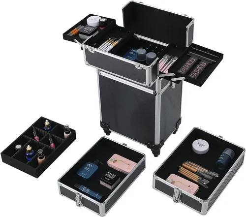 Miniatura 9 de Karl home estuche de maquillaje 4 en 1, carro de cosméticos rodante, organizador de viaje de gran capacidad con llave, ruedas giratorias 360°