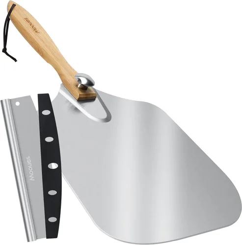 Miniatura 8 de Pala de Pizza de Aluminio, Espátula de Pizza de Metal de 9 pulgadas (13" x 9") con Cortador Basculante, Mango de Madera Plegable