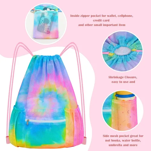 Miniatura 4 de Mochila de malla con cordón, bolsa de gimnasio deportiva grande para mujeres y niños con bolsillo y cremallera para playa, yoga, fútbol, fútbol