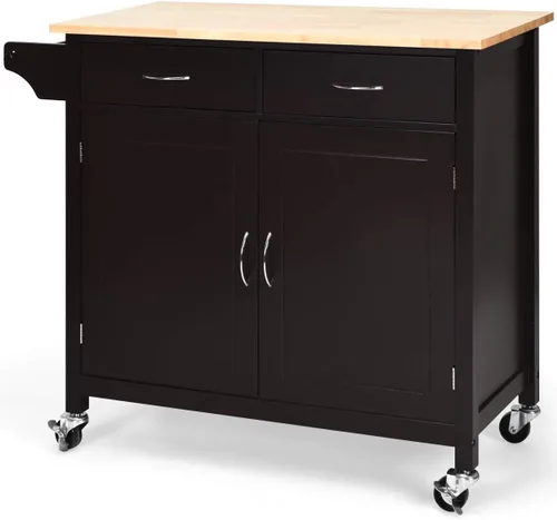 Miniatura 2 de Giantex Isla de cocina, carrito de cocina rodante, encimera de madera, carrito de servicio utilitario con armario de almacenamiento y 2 toalleros