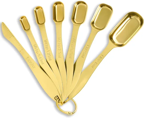 Rainspire Juego de cucharas medidoras resistentes de acero inoxidable, juego de tazas y cucharas medidoras de metal para seco o líquido, cabe en Oro