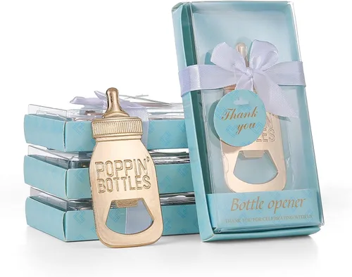 Paquete de 12 abridores de biberones para recién nacidos, regalos de regreso para fiestas de baby shower, abrebotellas con exquisita caja de regalo