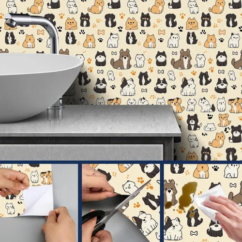 Miniatura 5 de HOMETITUTE Papel tapiz para mascotas mixto color beige, para despegar y pegar, bonito patrón de gato y perro, papel de contacto, papel de pared