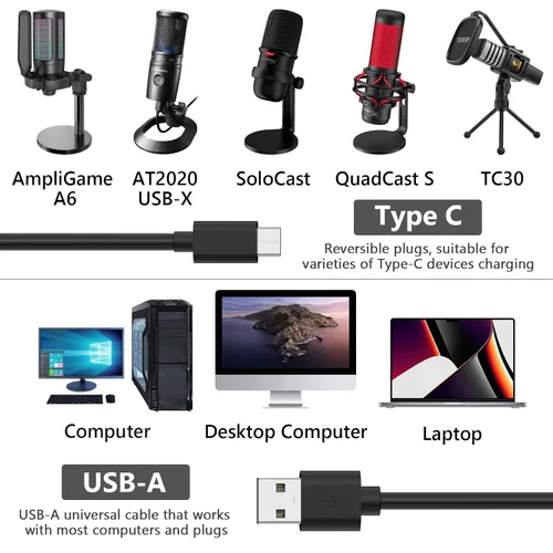 Miniatura 3 de GEEKRIA for Creators - Cable de micrófono USB A a tipo C de 10 pies / 3 M, compatible con Fifine AmpliGame A6, HyperX QuadCast S, SoloCast, Logitech