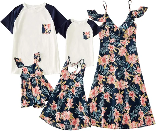 Mumetaz Trajes familiares a juego para mamá y yo, vestidos con estampado floral, hombros descubiertos, cuello en V, volantes, ropa sin espalda