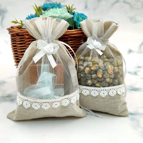 Miniatura 6 de SumDirect Bolsas de arpillera con cordón de rosa – 20 bolsas de regalo de organza de yute de encaje de 5 x 7 pulgadas, bolsas de regalo de lino