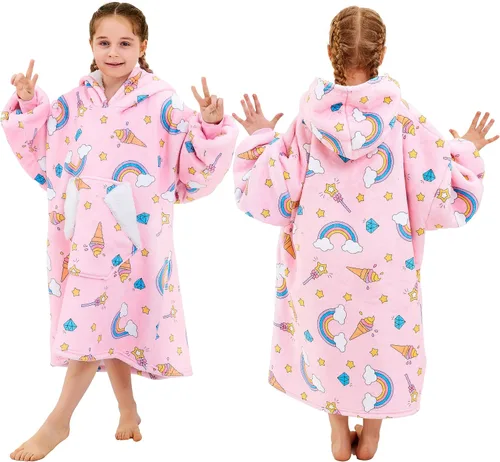 Miniatura 7 de Ramees - Manta con capucha portátil para niños, sudadera de sherpa de gran tamaño, manta de franela con capucha, bolsillo y mangas (arco iris)