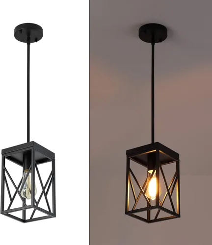 Miniatura 7 de Lámpara colgante moderna negra con jaula de metal, varillas ajustables de una sola luz, mini lámpara colgante industrial para cocina, isla, Negro