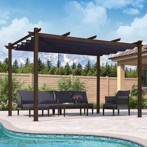Miniatura 53 de PURPLE LEAF Pérgola Retráctil de 10' x 13' para Exteriores de Aluminio Blanco con Toldo de Sombra para Patio Refugio Moderno Marrón para Jardín