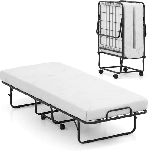 Miniatura 10 de GOFLAME Cama plegable con colchón de espuma viscoelástica, cama de invitados de tamaño individual con marco de metal resistente, cama plegable