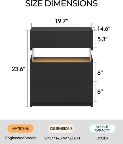Miniatura 2 de Bingoday Juego de 2 mesitas de noche LED para dormitorio, juego de 2 mesitas de noche modernas con 3 cajones, mesa auxiliar para dormitorio