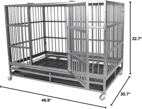 Miniatura 7 de Jaula indestructible para perros, 47 pulgadas, jaula para perros de alta ansiedad con bandejas extraíbles, ruedas y puerta doble, para perros