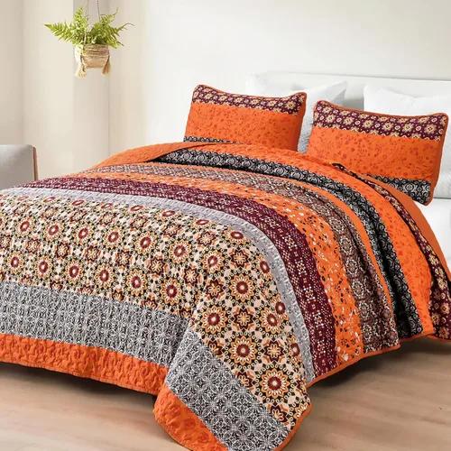 Miniatura 16 de WONGS BEDDING Juego de edredón bohemio tamaño Queen, juego de colcha de retazos a rayas bohemias aguamarina con 2 fundas de almohada, juego de ropa