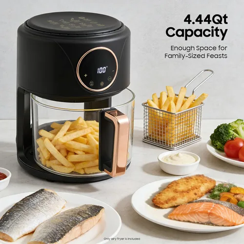 Miniatura 4 de Freidora de aire de 4.44 cuartos de galón, cesta de vidrio de borosilicato, antiadherente y apta para lavavajillas, vista de 360°, temperatura Negro