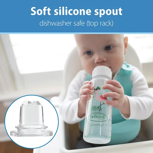 Miniatura 4 de Dr. Brown's Milestones - Botella sipper estrecha, 100% silicona con pico suave, 8 onzas/250mL, diseño de flamenco y conejito, a partir de 6 meses