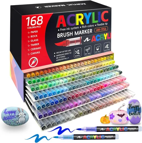 Marcadores de pintura acrílica de 168 colores, punta de pincel, bolígrafos de pintura acrílica a base de agua, para papel, vidrio, piedra, cerámica,