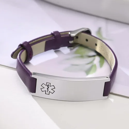 Miniatura 70 de MPRAINBOW Pulsera de alerta médica personalizada para mujer, correa de reloj de cuero genuino, grabado de doble cara, diabetes, epilepsia, joyería