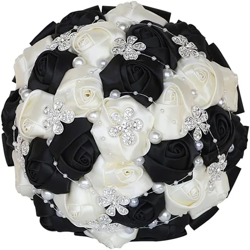 Miniatura 6 de XINNI Ramo de boda negro para novia, dama de honor, satén con diamantes de imitación y perlas para boda, fiesta de quinceañera, negro y marfil
