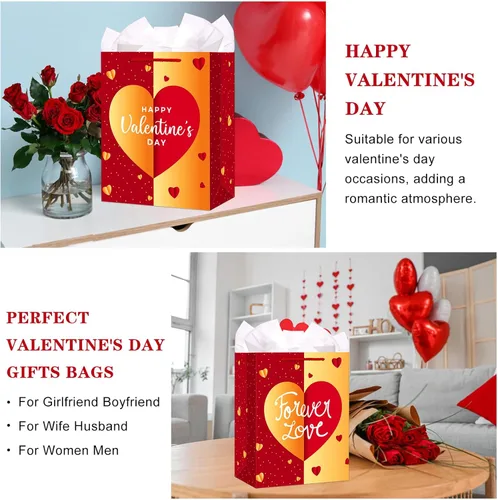 Miniatura 5 de Bolsas de regalo del día de San Valentín de WhatSign - Bolsas de regalo de San Valentín medianas de 11.5" con papel de seda y asas, regalos de papel