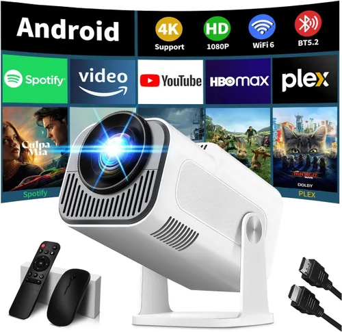 [Proyector 2026 actualizado] Mini proyector compatible con 4K 1080P Keystone automático 270° giratorio con WiFi 6 y Bluetooth 5.2 proyector portátil
