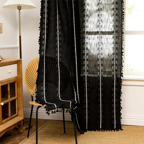 Miniatura 5 de Sutuo Home - Cortinas bohemias negras de 84 pulgadas de largo para dormitorio y guardería, cortinas de estilo rústico con dobladillo para barra