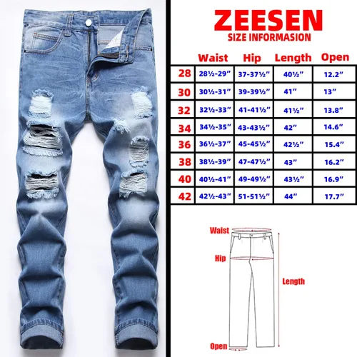 Miniatura 2 de ZEESEN Jeans rasgados para hombre, ajustados, ajuste regular, pierna cónica, desgastados, pantalones de mezclilla para hombre con agujero