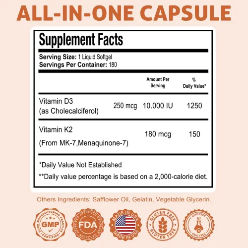 Miniatura 3 de Health Dose Suplemento de vitamina D3 10,000 UI + K2 (MK7), fórmula 2 en 1, apoyo inmunológico, un estado de ánimo saludable, corazón