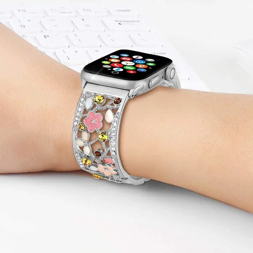 Miniatura 4 de Pulsera Floral Compatible con Apple Watch Banda de 1.65, 1.73, 1.77, 1.81 y 1.92 pulgadas, iWatch Series 11 10 9 8 7, Correa de Metal Hueca