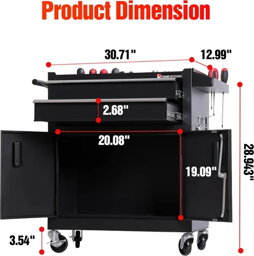 Miniatura 3 de Caja de herramientas resistente con carrito de acero rodante con puertas con cerradura (TZ12 Negro)