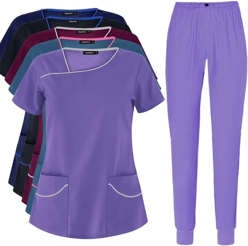 Miniatura 6 de Uniformes de mujer con cuello en V manga corta Top+pantalón, uniforme de enfermera para clínica dental, Hospital de mascotas, ropa de trabajo