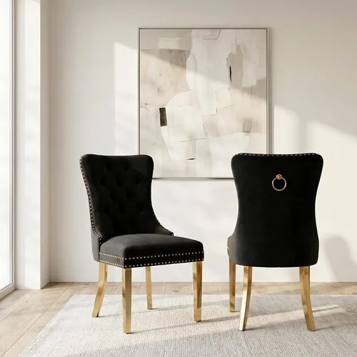 Miniatura 90 de OVENTA Juego de 4 sillas de comedor modernas tapizadas copetudas, terciopelo negro y gris y cuero con patas de madera maciza, sillas de cocina