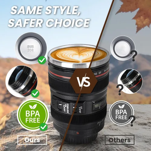 Miniatura 4 de Taza de café con lente de cámara, a prueba de fugas, 13.5 onzas, SUS-304, taza de viaje de acero inoxidable con cuchara, sin BPA, tapa para Negro