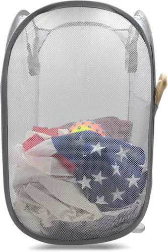HONOMA Cesta de Malla Resistente para Ropa Sucia, Cesta Desplegable con Bolsillo Lateral para Cuarto de Lavado, Baño, Habitación de Niños, Gris