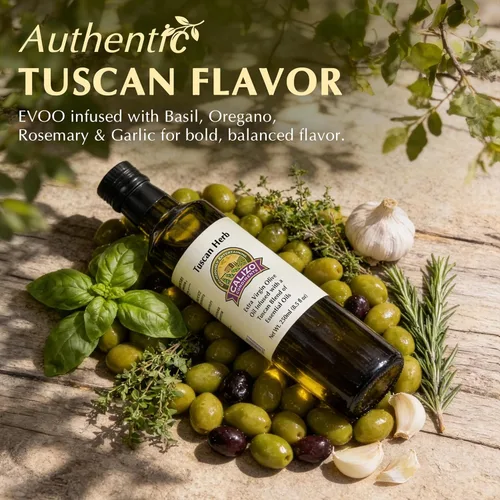Miniatura 3 de Calizo Aceite de oliva toscano con infusión de hierbas, botella de vidrio de 8.5 fl oz, AOVE virgen extra prensado en frío con albahaca real