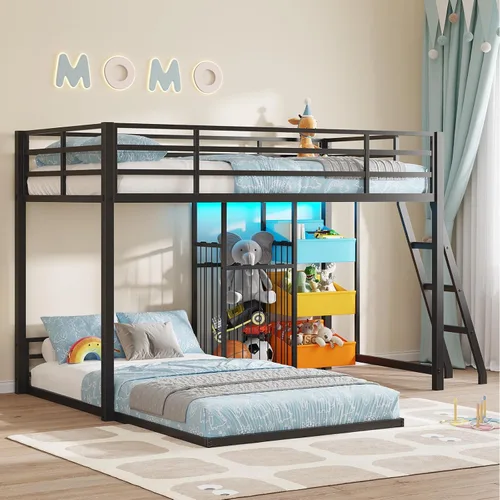 Miniatura 8 de Hasuit Litera baja individual sobre individual con organizador grande de almacenamiento de juguetes y 3 contenedores, luces LED, literas de suelo
