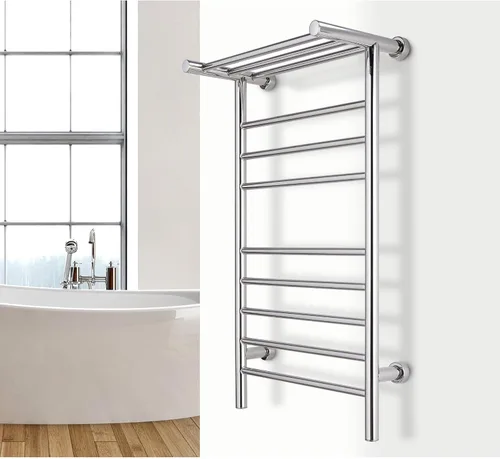 Miniatura 11 de WarmlyYours Calentadores de toallas negros para baño, toallero térmico negro montado en la pared con estante, 11 barras de acero inoxidable, 20 x 36