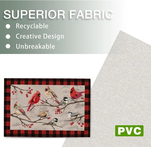 Miniatura 3 de Seliem Winter Birds - Juego de 4 manteles individuales de PVC, diseño vintage de cardenal con ramas de bayas rojas, manteles individuales de vinilo