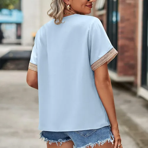 Miniatura 3 de Short Sleeve Blouses for Women V Neck Lace Patchwork Shirt Casual Loose Fit Tee Shirts Lightweight Comfy Pullover Summer Tops
