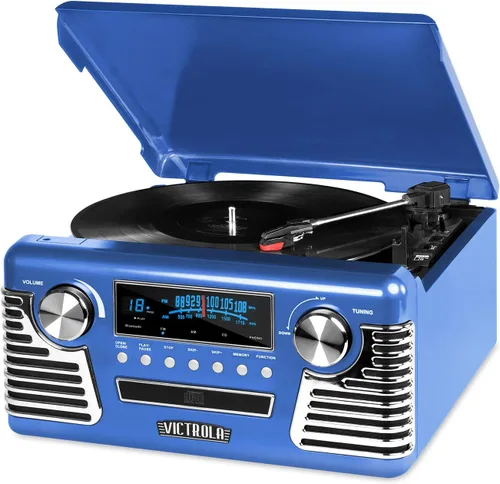 Victrola Haley - Reproductor de discos retro con Bluetooth y centro multimedia con altavoces integrados - Tocadiscos de 3 velocidades, reproductor