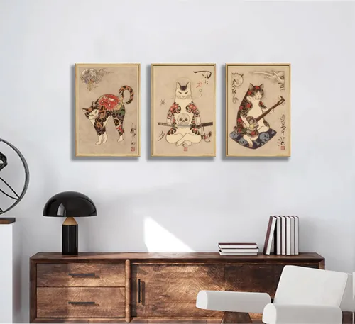 Miniatura 4 de 6 piezas de arte de pared de gato samurái japonés de carteles de decoración de bushido de Japón, pinturas de Kung Fu tatuajes divertidos de fantasía