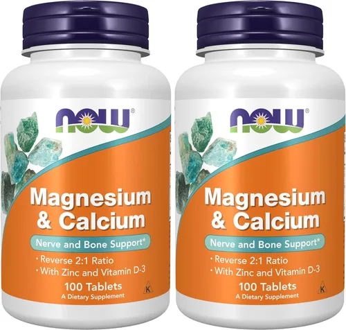 NOW Suplementos, magnesio y calcio, con zinc y vitamina D-3, soporte para nervios y huesos*, 100 tabletas (paquete de 2)