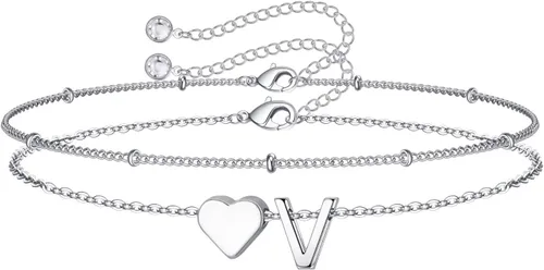 Miniatura 18 de M MOOHAM Pulseras de oro con inicial de corazón para mujer, pulseras con dije de letra A-Z de corazón dorado en capas para mujer, pulseras